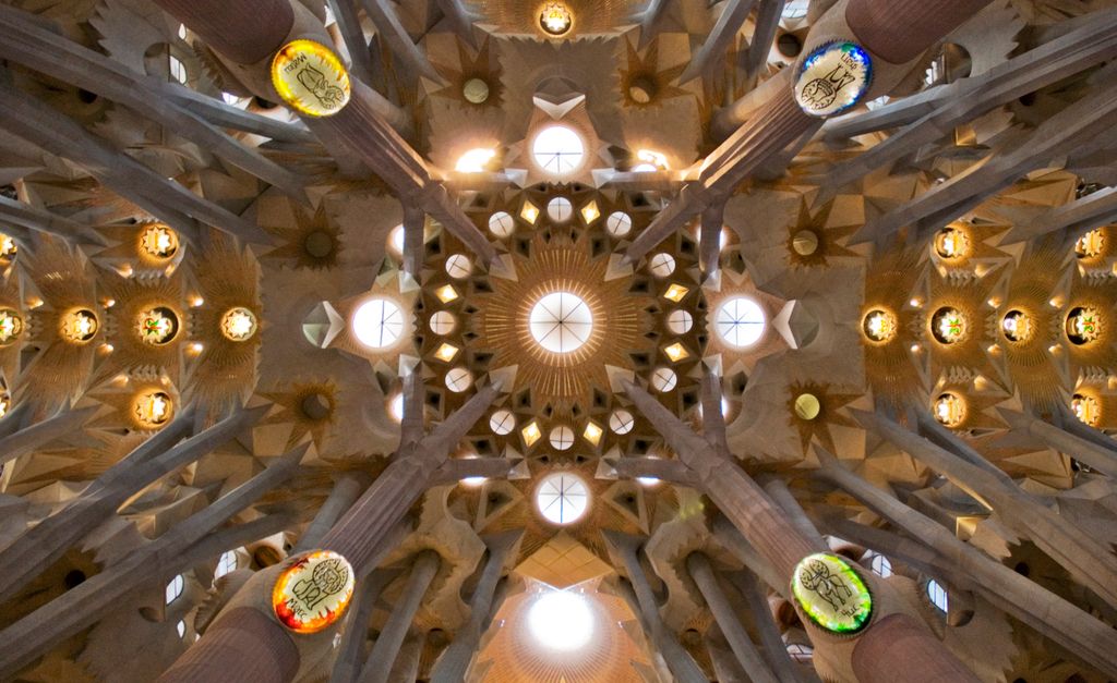 Intricate ceiling of the Sagrada Familia with gothic architecture in Barcelona.