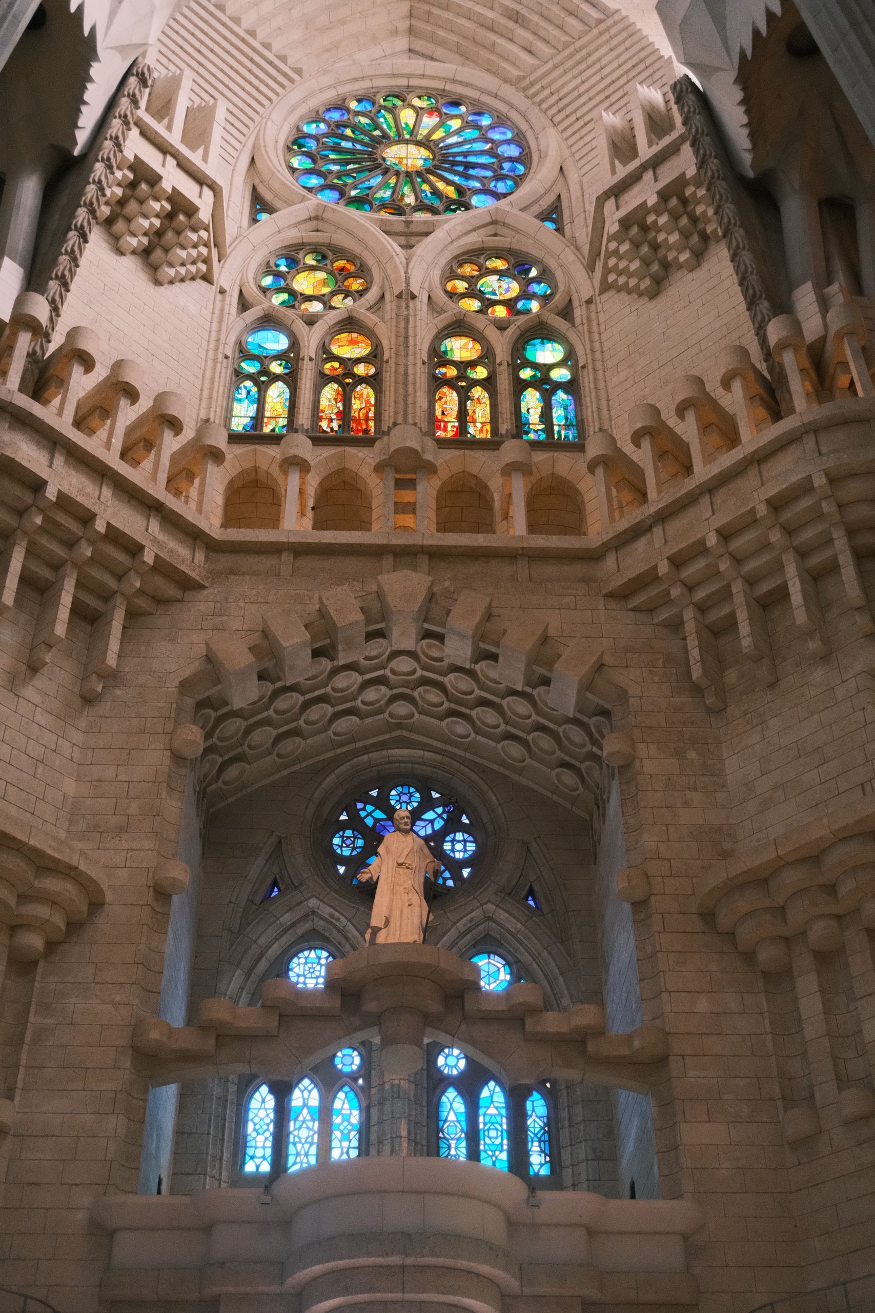 Stunning view of stained glass windows inside the Sagrada Familia, Barcelona.